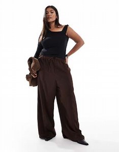 New Look Curve satin wide leg trousers in dark brown | ASOS