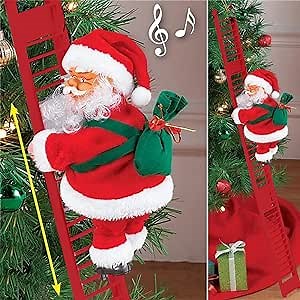 Santa Claus Climbing Ladder, 2023 New Electric Santa Claus Climbing Ladder, Santa Claus Climbing up & down Christmas Ornaments, Creative Plush Santa Claus Figure with Bag Musical Gifts for Kid