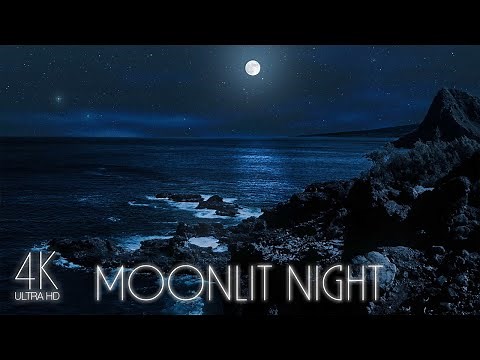 4K Ocean Shore on a Moonlit Night - Dark Screen Video with Waves Bedtime Sounds