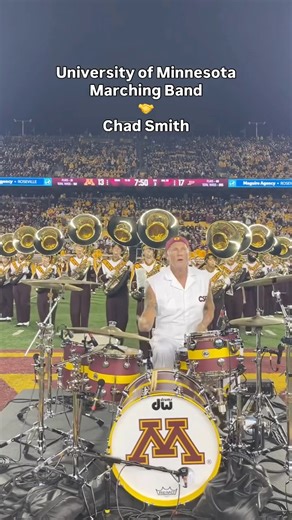 Hey oh — listen what we played oh 🎶 Thanks to Chad Smith from the Red Hot Chili Peppers for rocking the field with us for halftime! We’re so honored to celebrate the new Chad Smith Foundation scholarship he created in honor of his parents and his lifelong Minnesota connection 🐿️🥁 | The University of Minnesota Marching Band