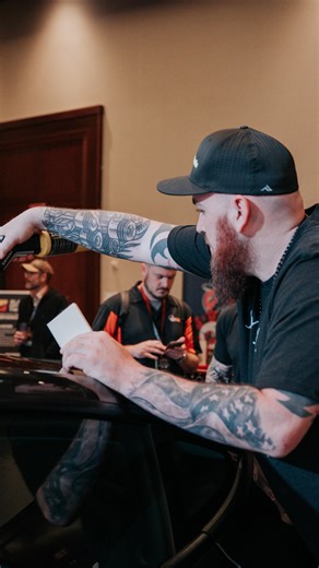 Geoshield on Instagram: "@gabedetailing got to try hands on shrinking at Tinter Battles. Not only do he crush it, he uses and trusts our film in his shop on a daily basis🚀🔒🤝"