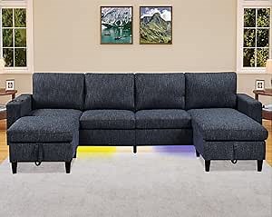 Sectional Couches for Living Room, 6-Seats Soft Linen Fabric Sectional Sofa with Storage Ottoman, Modern Convertible U/L Shaped Couch with Smart Charging Module/LED Light/Music Sync (Blue)