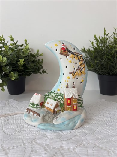 Vintage Ceramic Christmas Night Light, Crescent Moon With Snowy Village, Crescent Moon Village Snow Scape Light, Moon Night Light - Etsy