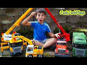 Pretend Play Fishing with Crane Trucks! Construction Toys and Surprise for Kids! | JackJackPlays