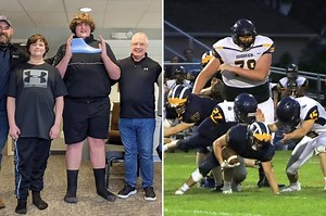 Eric Kilburn, high school freshman, gets size 23 shoes to help him play football