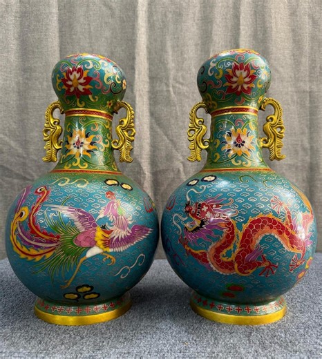 Pair of Antique Chinese Cloisonné Dragon & Phoenix Garlic Head Vases, Gilt Bronze Enamel - Etsy
