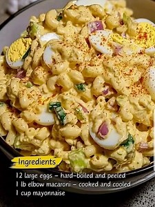 Deviled Egg Macaroni Salad Ingredients • 12 large eggs – hard-boiled and peeled • 1 lb elbow macaroni – cooked and cooled • 1 cup mayonnaise Recipe in First Coʍmеոτ 👇 Enjoy ❤️👇 | Grandma’s recipes