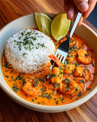 🍤 Creamy Coconut Shrimp Curry 🍛 Rich, spicy comfort dish for easy weeknight dinners! 📝 Ingredients: 1 lb large shrimp (peeled and deveined) 1 tbsp olive oil 1 tbsp butter 3 cloves garlic (minced) 1 small onion (diced) 1 red bell pepper (sliced) 1 tbsp curry powder 1 tsp paprika 1 can (14 oz) coconut milk 1 tbsp tomato paste Salt and pepper (to taste) Juice of ½ lime 2 tbsp chopped cilantro (for garnish) 2 cups cooked jasmine rice Lime wedges (for serving) 🍴 How to prepare it: 1️⃣ Sauté aroma