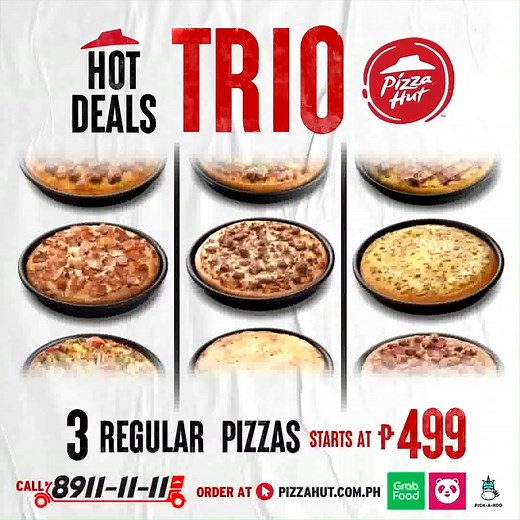 Two pizzas aren't enough for a weekend pizza party! Get our most affordable Hot Deals Trio. Price starts at P499 for 3 Regular Pizzas. #PizzaHutPH Order now at www.pizzahut.com.ph, through the Pizza Hut Mobile app or dial 8911-11-11. Also available with our delivery partners, GrabFood, foodpanda and Pickaroo! Prices vary. | Pizza Hut