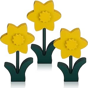 Yuntau 6 Set Spring Home Decor Daffodil Flower Decor Thank You Teacher Gift Wood Daffodil Table Centerpiece with Base Spring Decorations for Office, 3 Size