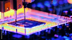 Microchip production printing processor CPU component AI video memory storage microelectronics assembly semiconductor technology industry manufacturing computer circuit board equipment laboratory