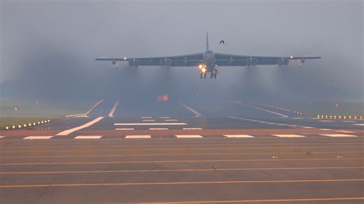 Two United States Air Force B-52 Bombers, each over 60 years old, with a dramatic head-on takeoff from RAF Fairford. As the massive engines roar into life, plumes of smoke billow from the eight engines. #raffairford #b52bomber #unitedstatesofamerica #airpower #usairforce #b52stratofortress #usaf #avgeek #militaryaviation #aviationlovers | Aviation In Action