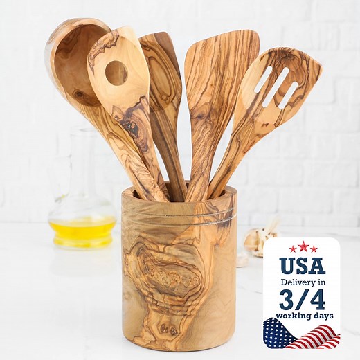 Olive Wood Utensil Set With Holder: 5 Handmade Essential Utensils - Etsy