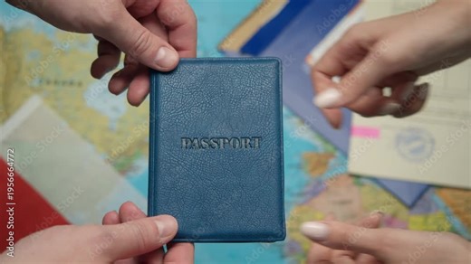 Immigration officer issues Polish passport to new citizen against world map with Warsaw stamps.