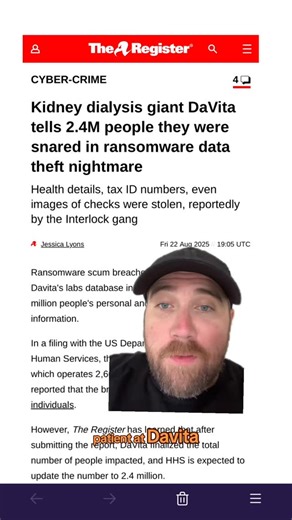 Matt Johansen on Instagram: "Keep an eye out if you think your info is in here. Double check any requests coming your way using your healthcare info. DaVita kidney diyalsis labs and Kettering Health cancer centers hit by ransomware cyberattacks recently."