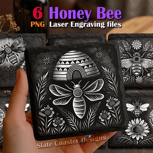Wildflower Honey Bee PNG Slate Engraving File for DIY Coasters Kit, 6 Meadow Floral Laser Engrave Files, Bees Engraved Coasters, Glowforge - Etsy