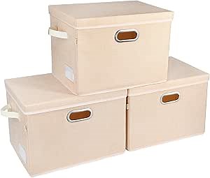 Voova Large Collapsible Storage Bins with Lids, 3 Pack Stackable Line Fabric Cube Storage Organizer, Foldable Closet Storage Boxes Baskets Containers with Cover for Clothes Bedroom Office Home,Apricot