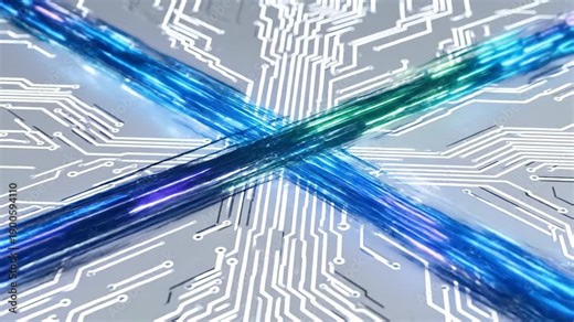 Seamless loop of abstract light trails intersecting and merging in a structured pattern, reminiscent of complex electrical pathways on a pristine white plane conceptual, structured, modern