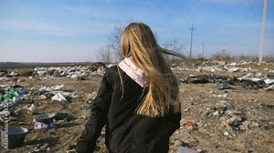 Close up of small female kid with long blonde hair walks on dirty garbage dump. Little girl goes over the trash at junkyard. Concept of environmental pollution problem. Rear view Slow motion
