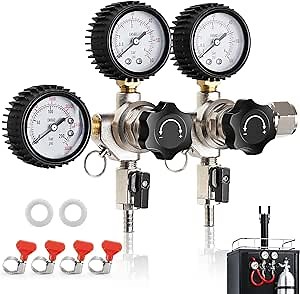 CO2 Regulator for Dual Tap Kegerator Draft Beer Tower Dispenser, Dual Keg Regulator CO2 Beer Pressure Regulator 0-60psi,CGA-320 CO2 Tank Regulator Gas Regulator 0-3000psi,Kegerator C02 Regulator Gauge