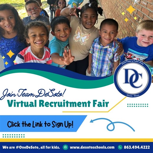 16 reactions | ✏Virtual Recruitment Fair - April 29, 2025. Sign up here: https://shorturl.at/4SK24 The School District of DeSoto County will host a Virtual Recruitment Fair Tuesday, April 29, 2025. Are you looking for a new career path with flexibility, great benefits, and on-the-job training? Look no further! The School District of DeSoto County is the place for you! Join our Team! We are #OneDeSoto, all for kids. | DeSoto County School District | Facebook