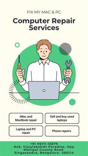 FixMyMac & PC (Bangalore) on Instagram: "Reliable computer repair services you can trust 💻🔧 MacBook • iMac • Laptop • PC • Phone repairs Buy & sell used laptops — all under one roof. 📍 Singasandra, Bengaluru 📞 9611115879 Walk in or call us today! #ComputerRepairServices #FixMyMacPC #LaptopRepairBangalore #MacBookRepair #PCRepair #PhoneRepair #UsedLaptops #Singasandra #BangaloreTech"