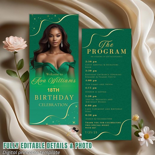 Editable Birthday Program Template Green, Retirement Program Party, Photo Anniversary Program, Printable Gold Event Programme Card 80th 60th - Etsy