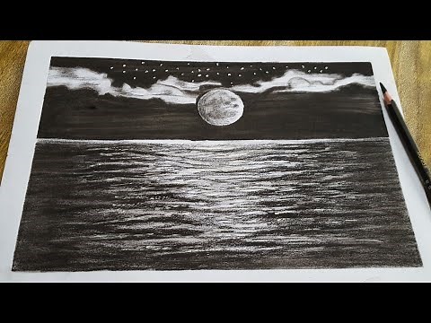Ocean with full moon sketch/charcoal pencil sketch/Easy charcoal pencil sketching