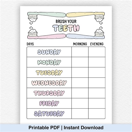 Brush Teeth Printable, Brush Teeth Chart, Toddler Brushing, Teeth Brushing Chart, Tooth Brushing Schedule, Weekly Brushing Checklist, PDF - Etsy Canada