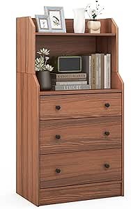 3 Drawer Dresser, Modern Chest of Drawers with 2 Open Shelves & 3 Pull-Out Drawers, Wooden Storage Dresser for Small Spaces, Mid Century Dressers for Bedroom, Living Room, Entryway (Walnut)