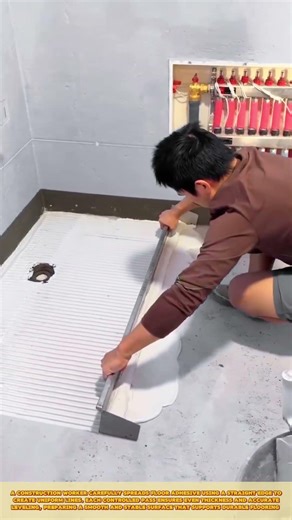 Construction Worker Spreading Floor Adhesive with Straight Edge for Even Tile Installation