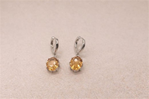 White Rhodium Hoop Earrings With Citrine Gemstone Drop - Etsy