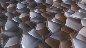 Geometrically split 3d render of pieces squares in abstract tracery. Futuristic rows defective figures with smashed walls. Broken building stone damaged during repairs.