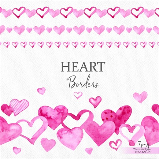 Watercolor Heart Borders Clipart, Seamless Valentine Border 7 PNG, Hand Painted Pink Hearts (digital Download) - Etsy