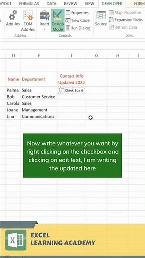 Set up Checkbox in excel