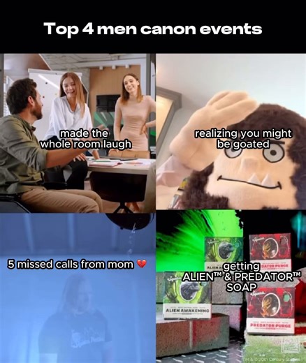 12K views · 37 reactions | TOP 4 MALE CANON EVENTS. If you haven't gotten the new Alien & Predator™-inspired briccs, now's the time. Don’t miss your shot to own these limited edition soaps! Shop Now: https://www.drsquatch.com/products/alien-awakening-predator-purge-4-pack?utm_source=social&utm_medium=brand-mktg&utm_campaign=ap25-lp&utm_content=post | Dr. Squatch | Facebook