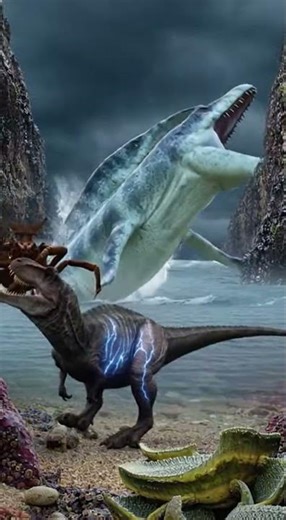 Thunder Rex vs a massive Mosasaurus breaching the water in a Prehistoric World