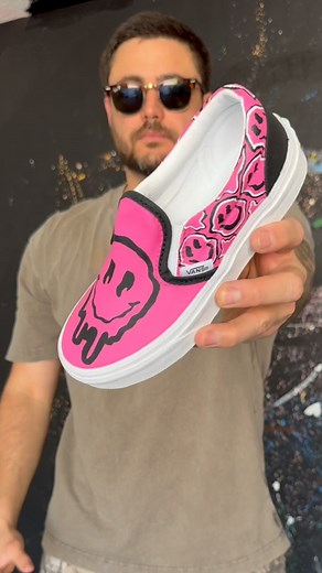 Nothing quite like having a pair of all white canvas Vans to create on. Here's a look into the process of creating a fully customized pair of vans! Client wanted a pair of fun bright colored slips ons with some trippy smile faces 🫠🎶 Would you rock a pair of fully customized Vans? | Mike Persichetti