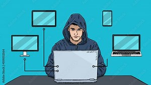 An animation showing a hacker hacking into computer devices. The computer monitor, tablet, phone and laptop are infected by a virus.