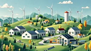 A vibrant rural energy hub with solar farms, wind turbines, and bioenergy plants, demonstrating the potential of renewable energy in rural development, depicted in a colorful, cartoon-style illustrati