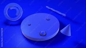 3D animation of blue geometric background, 4K quality. The disk moves slowly with a cone and a ring. The movements are smooth and relaxing. abstract banner, futuristic surrealism, design.