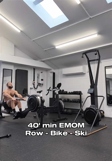 A full session on the row, bike, and ski ergs is one of the most effective low-impact ways to build engine, endurance, and athletic conditioning — all without pounding your joints. Three machines, endless ways to get fitter. 40min EMOM Every Minute On The Minute Min 1 - Row 20  Cal Min 2 - Bike 15-20  Cal Min 3 - Ski 20  Cal Min 4 - Rest #fyp #functionaltraining #emom #conditioning #hybridtraining