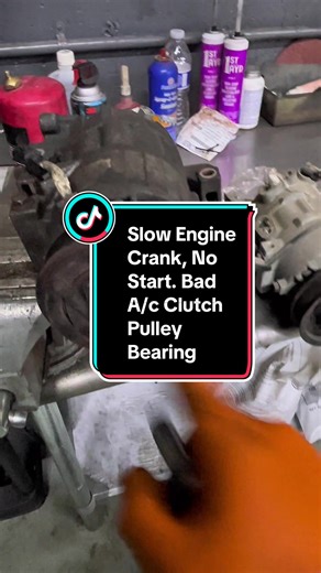 Reason 342 your car won’t start: Your A/C clutch pulley bearing decided to become a brake 🛑💀 Slow crank no start… battery good… engine not seized… Cut the belt → starts right up. Customer wanted to “come back Wednesday” for that belt noise… This pulley said: “Nah. Tuesday morning.” 😭 Not every no-start is a starter. Not every slow crank is a battery. TEST. VERIFY. DIAG. 🧠⚡️. #jandrauto #elgin #fyp #mechanicsoftiktok #nissan