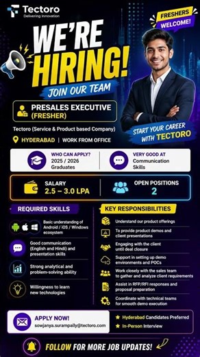 Sales executive #freshers #jobupdates #nonitjobs#trending #ytshorts#hirespot#job#software #hyderabad