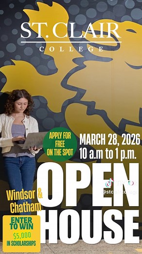 Mark your calendars for Spring Open House at St. Clair College! Speark with faculty members and learn more about your program, tour the facilities, apply for free to your program of choice and get a feel for what Saints Nation is all about! 🗓️March 28, 2026 🕙10 a.m. to 1 p.m. 📍Main Windsor Campus, Chatham Campus