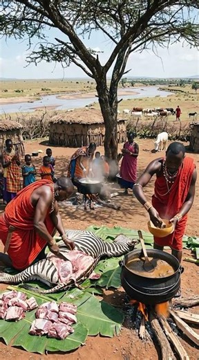 Maasai Tribe Prepares Zebra Feast 🍖🔥 #shorts #viralshorts #trending