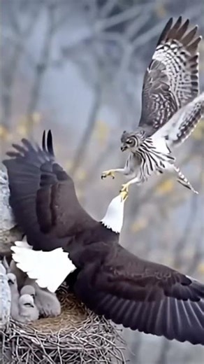 Eagle vs Owl! 🦅 A fearless parent defends its eaglets from a sneaky night hunter 💥 #shorts #wildlife