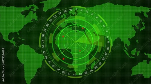 Futuristic green pixel map displaying radar scope with active target indicators on earth. Green Pix elated World Map with Radar Display and Target Points screen earth.