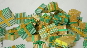 Randomly falling down gifts or present boxes animation. Green, white, gold colored paper bows. White background. Celebration style footage. Merry Christmas, New Year mood. 3D Render concept 4K video