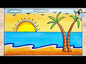 Summer Season Drawing Easy and Beautiful / How to Draw Sea Beach Scenery Easy / Scenery Drawing Easy